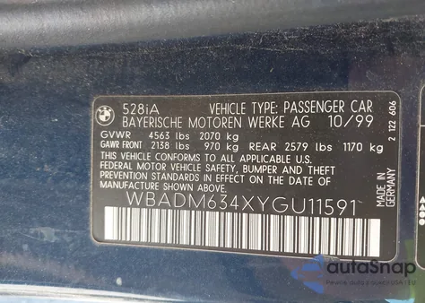 2000 BMW 528Ia from USA, damaged, VIN WBADM634XYGU11591